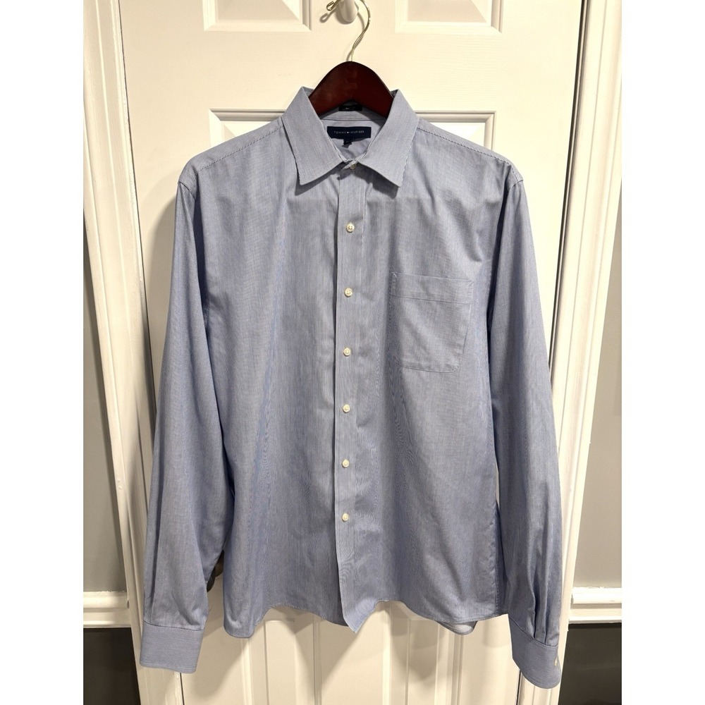 Tommy Hilfiger Long Sleeve Shirt Mens 16 1/2 36-37 Reg Blue Striped Slim Fit